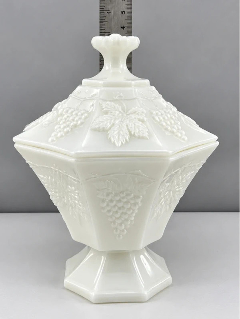 Vintage Anchor Hocking White Milk Glass Grape & Leaf Pedestal Candy Dish w/ Lid